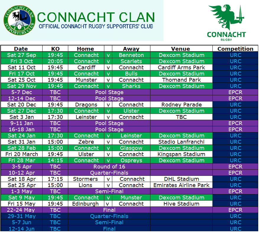 Connacht Fixtures 25/26 Season 